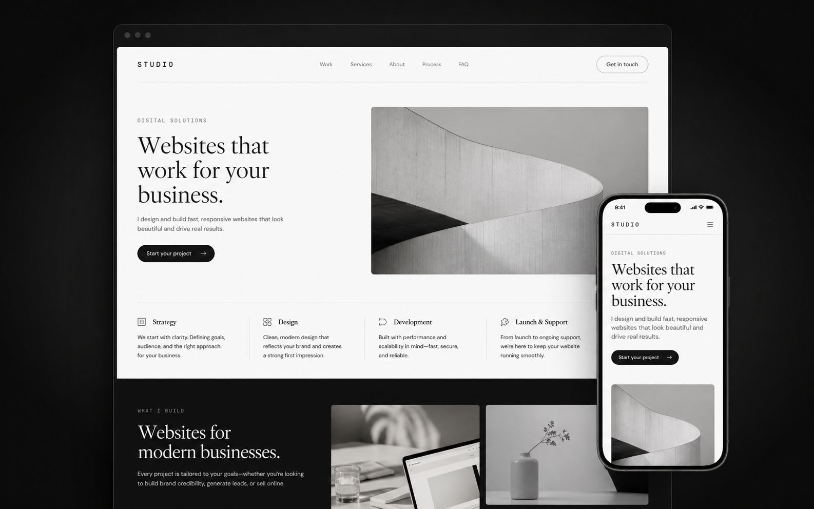 Monochrome multi-page business website concept shown on desktop with the responsive mobile version alongside it